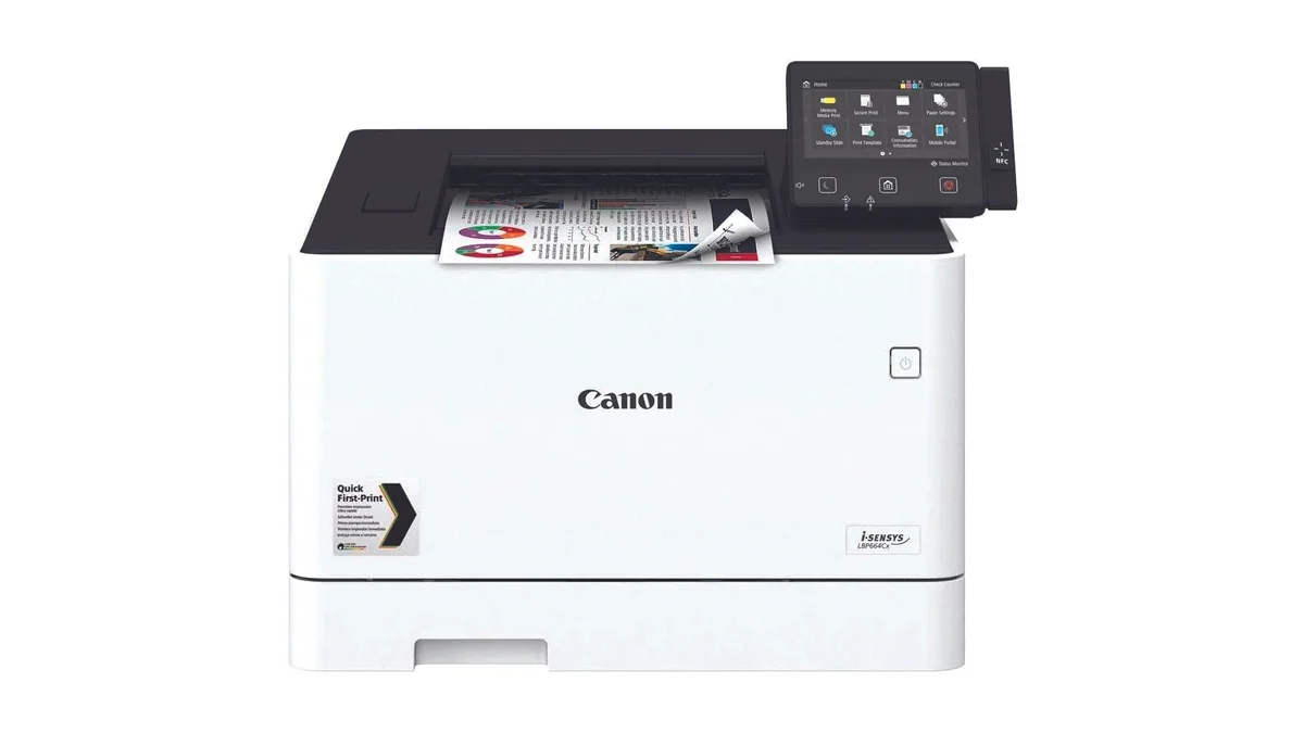 Masaüstünde duran Canon i-Sensys LBP664Cx renkli A4 lazer yazıcı, önden görünüm