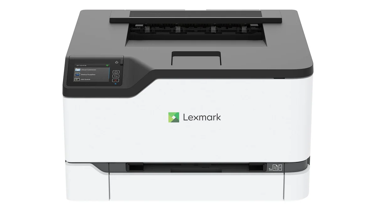 Lexmark CS431dw renkli lazer yazıcının ön paneli ve dokunmatik ekranı
